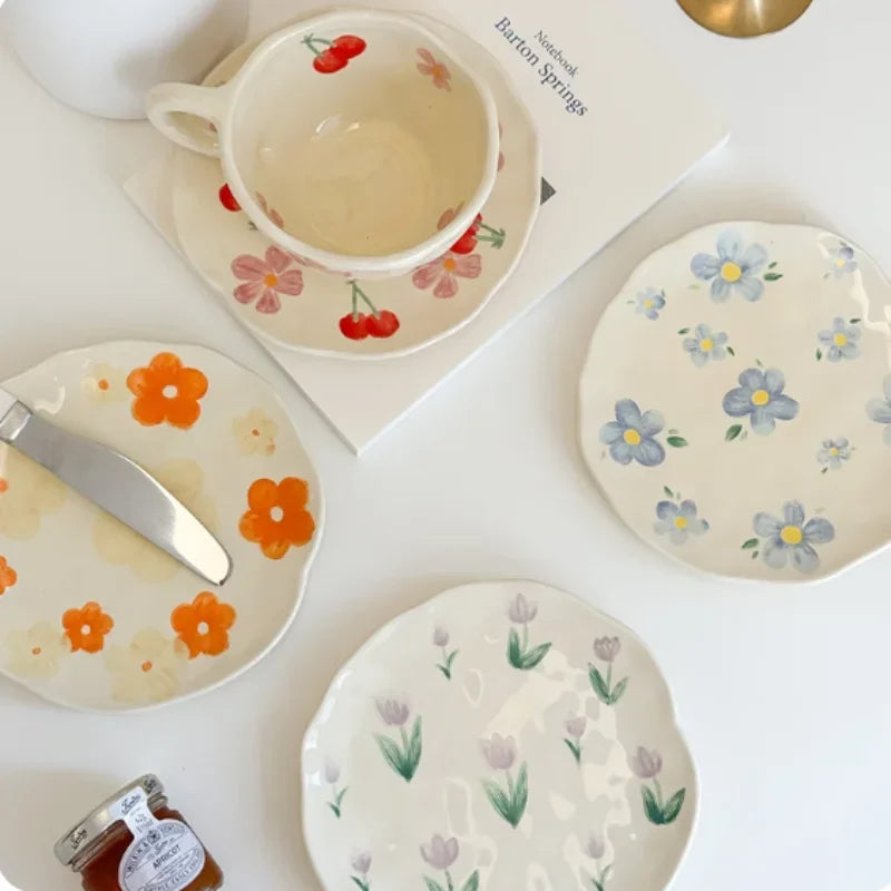 Flower Pattern Ceramic Cup Korean Style Saucer Set Hand Pinched Irregular Coffee Milk Cup Afternoon Tea Tableware Gifts for Home