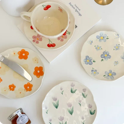 Flower Pattern Ceramic Cup Korean Style Saucer Set Hand Pinched Irregular Coffee Milk Cup Afternoon Tea Tableware Gifts for Home