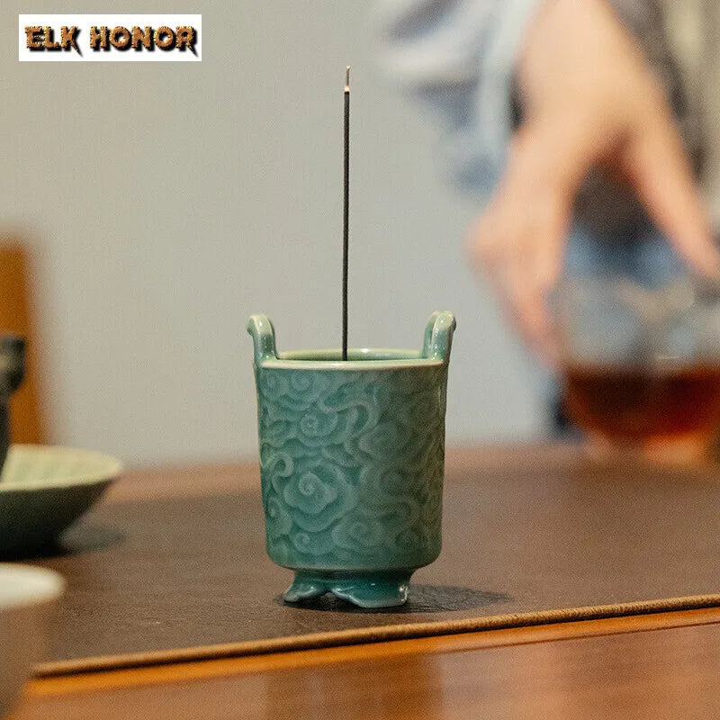 Yue Kiln Celadon Incense Burner Relief Cloud Tripod Art Agarwood Vertical Line Insert Seat Aromatherapy Furnace Home Decoration