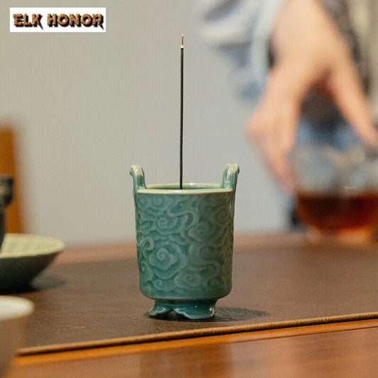 Yue Kiln Celadon Incense Burner Relief Cloud Tripod Art Agarwood Vertical Line Insert Seat Aromatherapy Furnace Home Decoration
