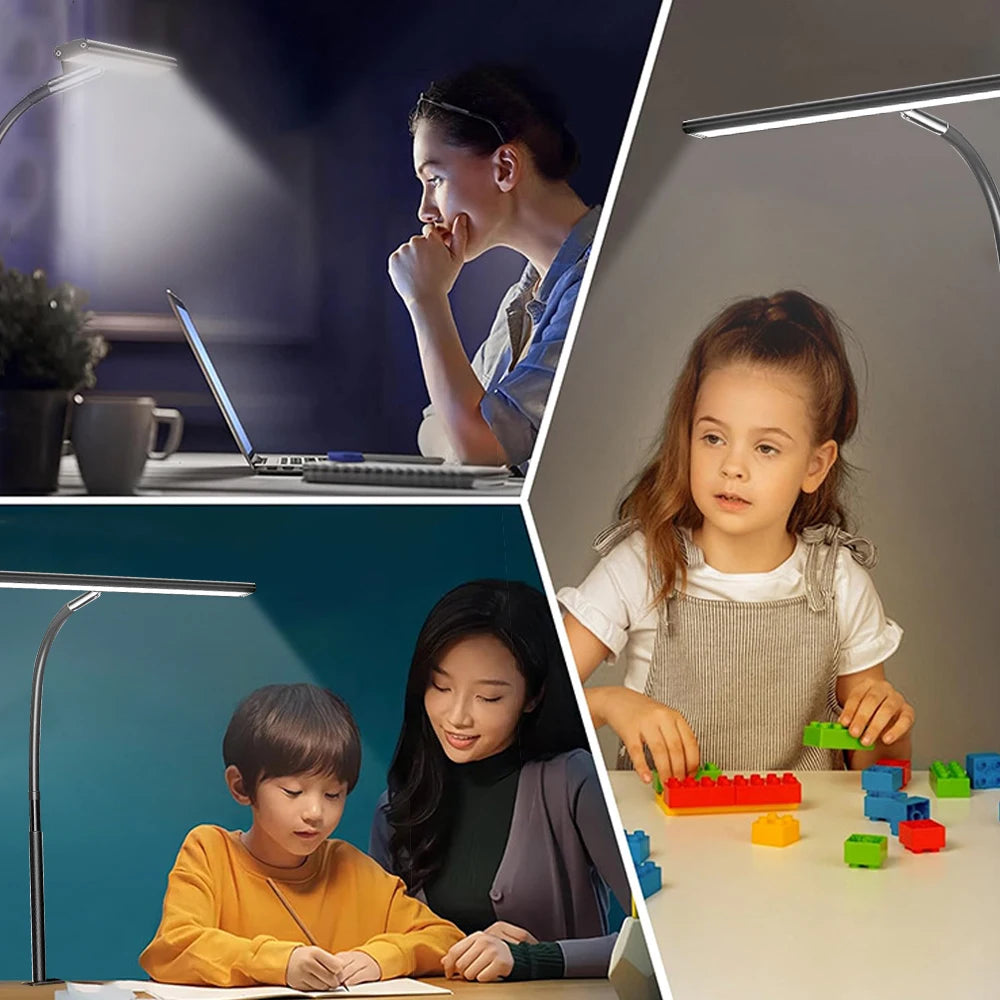 LED Desk Lamp Double Head Steoless Dimming Eye-Caring Home Reading Lights 3 Color Mode Flexible Adjustable PC Office Table Lamps