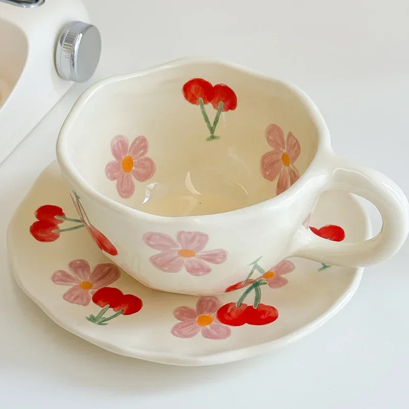 Flower Pattern Ceramic Cup Korean Style Saucer Set Hand Pinched Irregular Coffee Milk Cup Afternoon Tea Tableware Gifts for Home