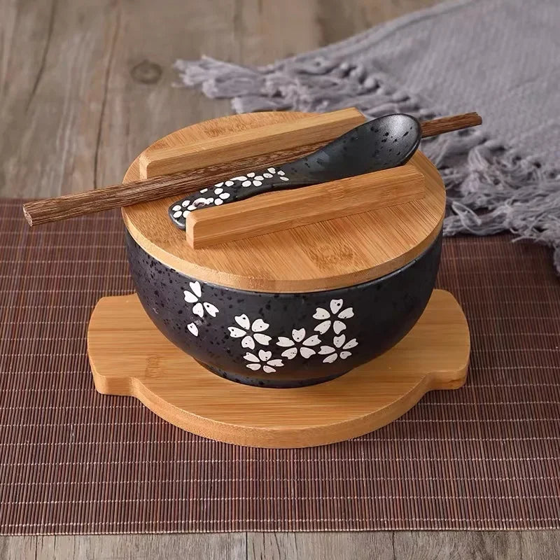 Japanese Style Rice Noodle Bowl with Lid Spoon and Chopstick Kitchen Tableware Ceramic Salad Soup Bowl Food Container Dinnerware