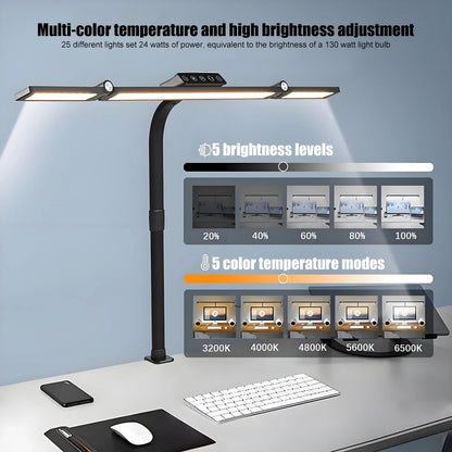 LED Desk Lamp Double Head Steoless Dimming Eye-Caring Home Reading Lights 3 Color Mode Flexible Adjustable PC Office Table Lamps