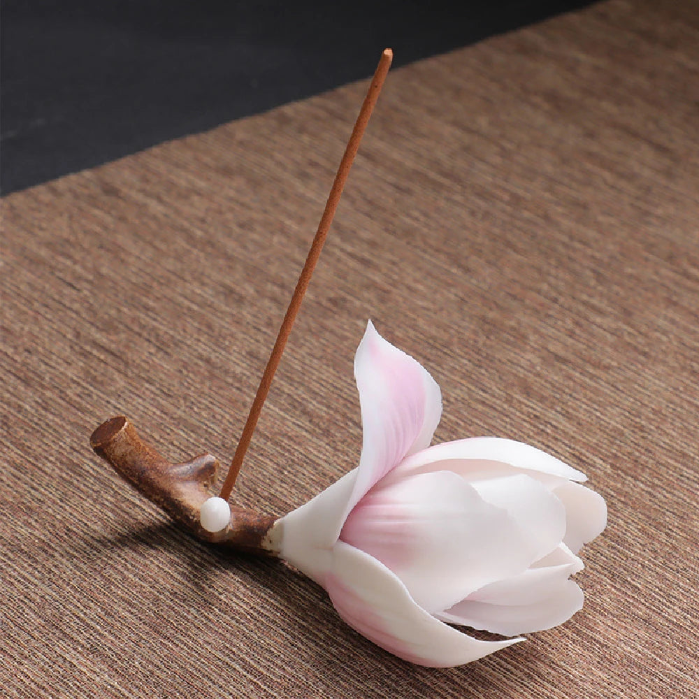 Handmade ceramic magnolia stick incense burner holder, elegant home decoration incense holder
