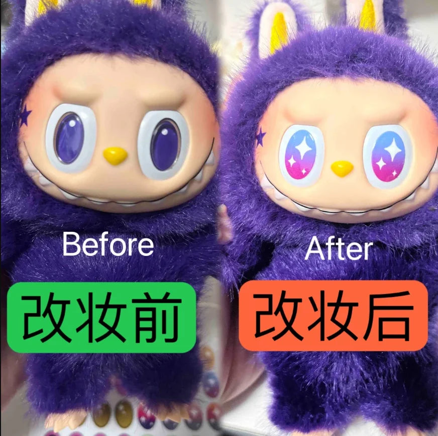 Before and after comparison of a purple plush toy with makeup application.