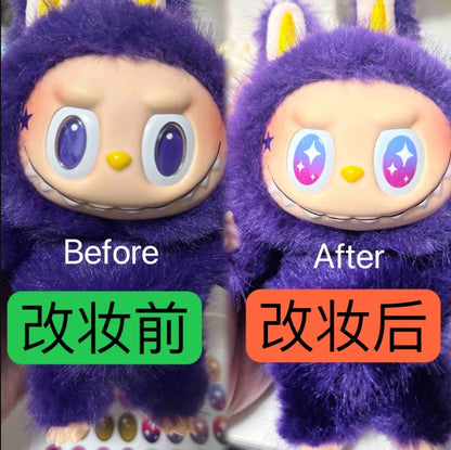 Before and after comparison of a purple plush toy with makeup application.