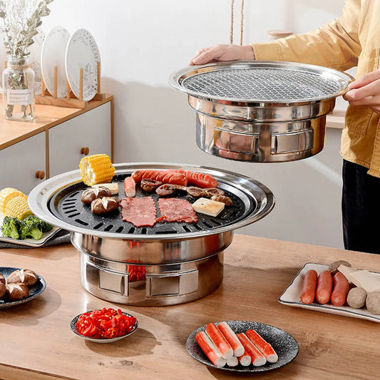 13 Inch Korean BBQ Grill Multifunctional Charcoal Barbecue Grill Round Camping Grill Stove Tabletop Smoker Grill Grilled Net & Tray