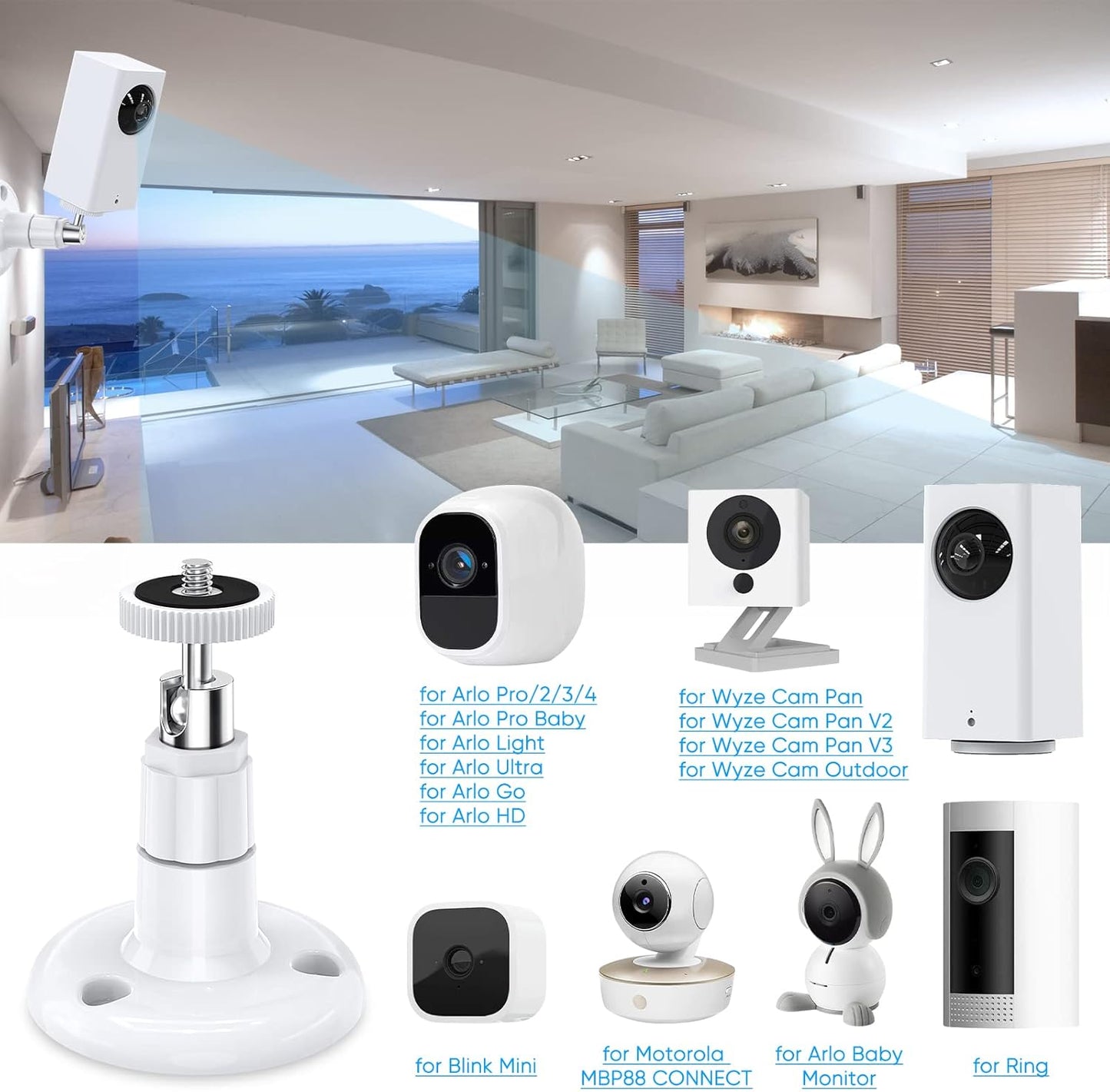 Wall Mount Compatible with Wyze Cam Pan V3 & Wyze Cam V3/Wyze Cam Outdoor, 360 Degree Swivel Adjustable Indoor Outdoor Mount Bracket for Wyze Cam and Other Camera with Same Interface 2 Pack