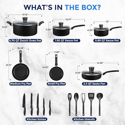 Kitchenware Pots & Pans Basic Kitchen Cookware, Black Non-Stick Coating Inside, Heat Resistant Lacquer (20-Piece Set), One Size
