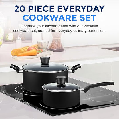 Kitchenware Pots & Pans Basic Kitchen Cookware, Black Non-Stick Coating Inside, Heat Resistant Lacquer (20-Piece Set), One Size